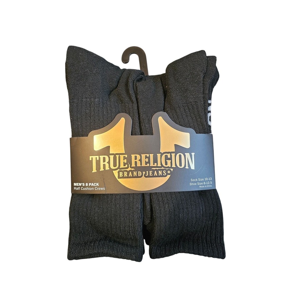 NEW True Religion 8-Pack Half Cushion Crew Socks Men's Shoe Size 8-12.5 Black